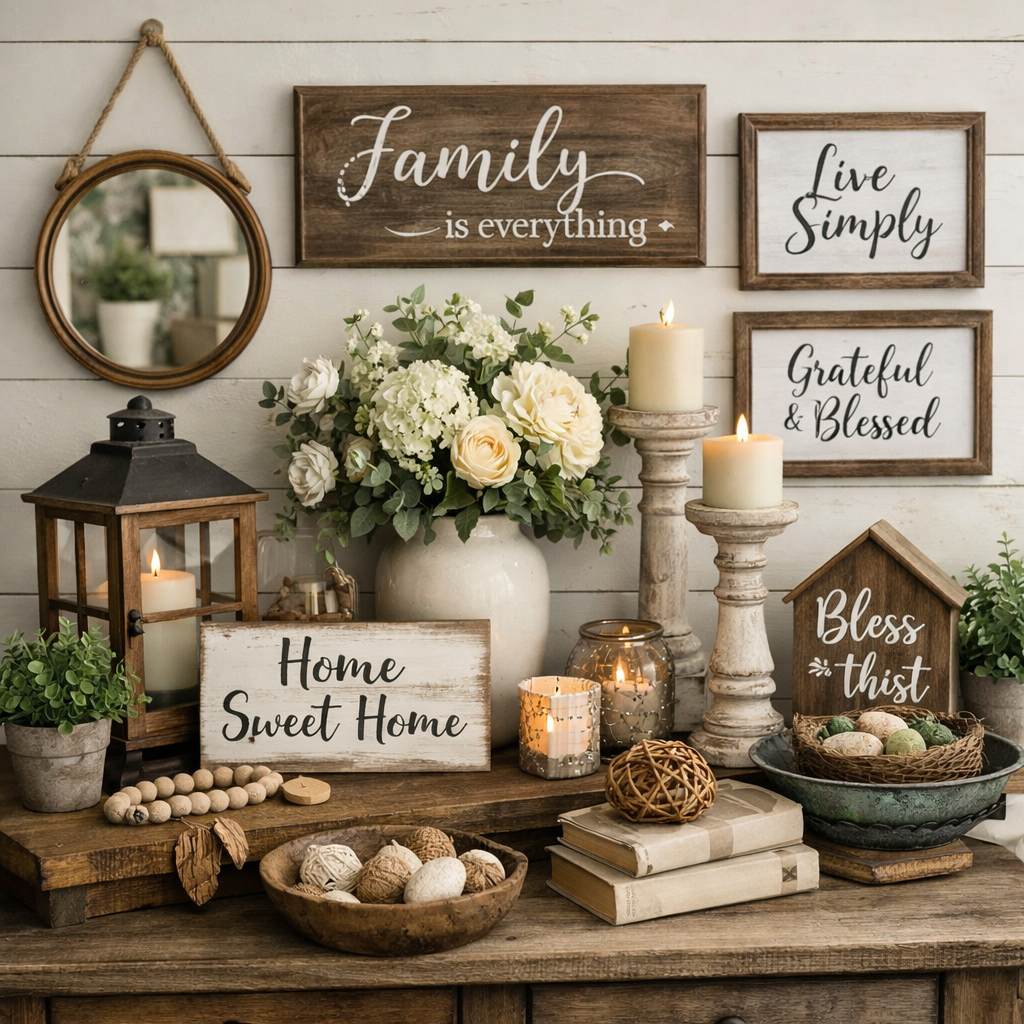 A warm and inviting home d&eacute;cor display featuring rustic and farmhouse-style accents. The arrangement includes lanterns with flickering candles, neutral-toned floral arrangements, wooden wall signs with inspirational phrases, and decorative accents styled on a wooden table against a light shiplap wall. The overall look creates a cozy, welcoming atmosphere perfect for everyday home decorating.