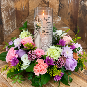 Angel Arms Memorial Vase & Candle with Flowers