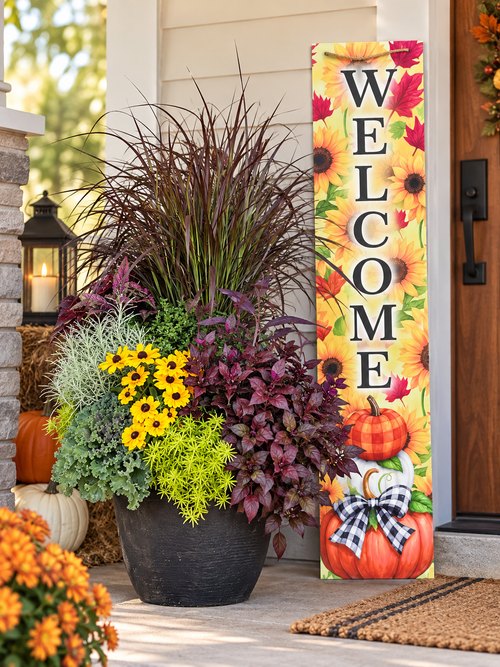 Autumn Welcome Porch Set with fall planter and Welcome porch leaner