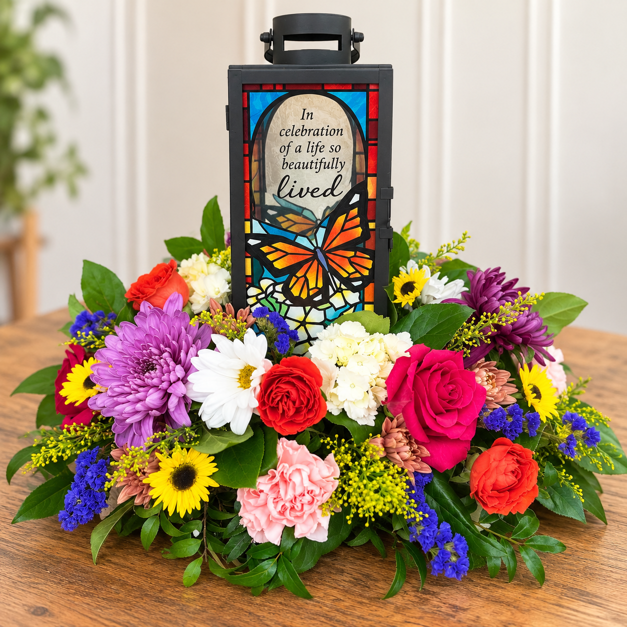 In Celebration of a Life Beautifully Lived Memorial Lantern & Flowers