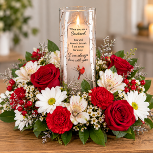 Cardinal Appears Memorial Vase & Candle with Flowers