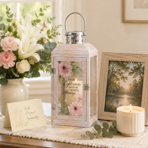 Decorative memorial lantern with inspirational quote, automatic LED timer candle, and white floral design, shown in a serene home setting as a thoughtful sympathy keepsake.
