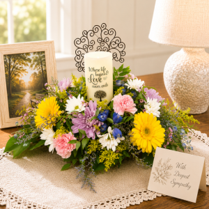 Beautiful remembrance LED candle nestled within a handcrafted sympathy flower arrangement displayed as a comforting memorial centerpiece for a funeral, celebration of life, or family home.