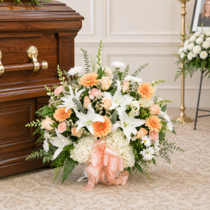 Funeral basket arrangement placed beside a casket featuring fresh seasonal flowers and greenery, custom designed by Wendys Flowers in Gilbertsville, PA.