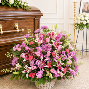 Specialty funeral basket featuring fresh seasonal flowers and greenery, custom designed by Wendys Flowers in Gilbertsville, PA for funeral services, memorials, and celebrations of life.