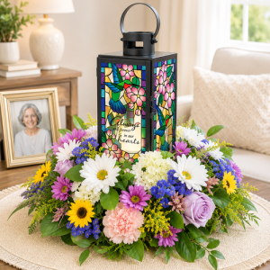 Decorative sympathy lantern arranged with fresh flowers for a celebration of life tribute