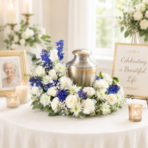 Memorial wreath designed to display a cremation urn at a celebration of life service in blue and white tall on one side.