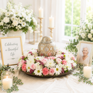 Celebration of life memorial wreath surrounding a cremation urn displayed on a memorial table