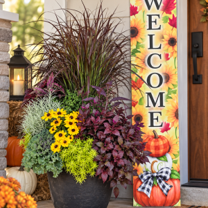 Autumn Welcome Porch Set with colorful fall combination planter and sunflower pumpkin Welcome porch leaner