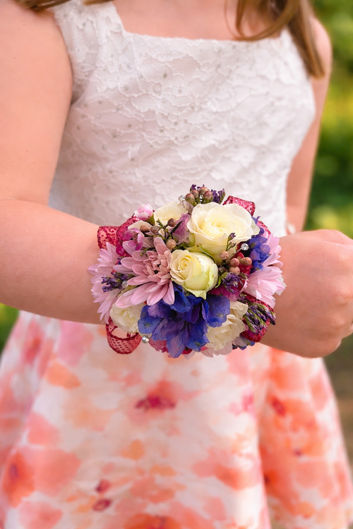 Father daughter prom corsage wristlet with soft floral design