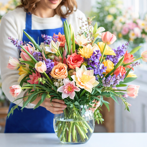 spring summer designer choice flower arrangement with colorful seasonal flowers in vase