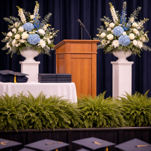 graduation pedestal floral arrangement with hydrangea and roses for ceremony décor