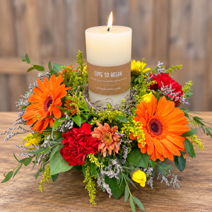 Rustic Autumn Centerpiece Arrangement– Fall Flower Arrangement with LED Candle