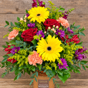 Fall Candle flower arrangement with pink stargazer lily and fresh flowers – Gilbertsville PA florist
