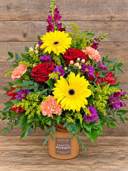 Fall Candle flower arrangement with pink stargazer lily and fresh flowers – Gilbertsville PA florist