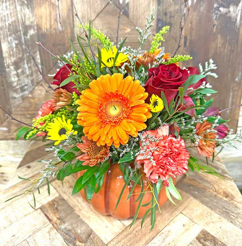 Pumpkin Harvest fall flower arrangement in ceramic pumpkin