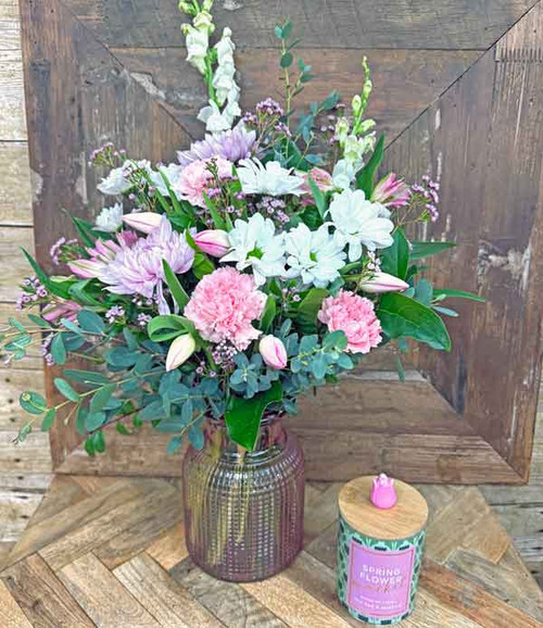 Tulip flower arrangement with pink carnations white daisies and candle gift set in vase with tulip candle